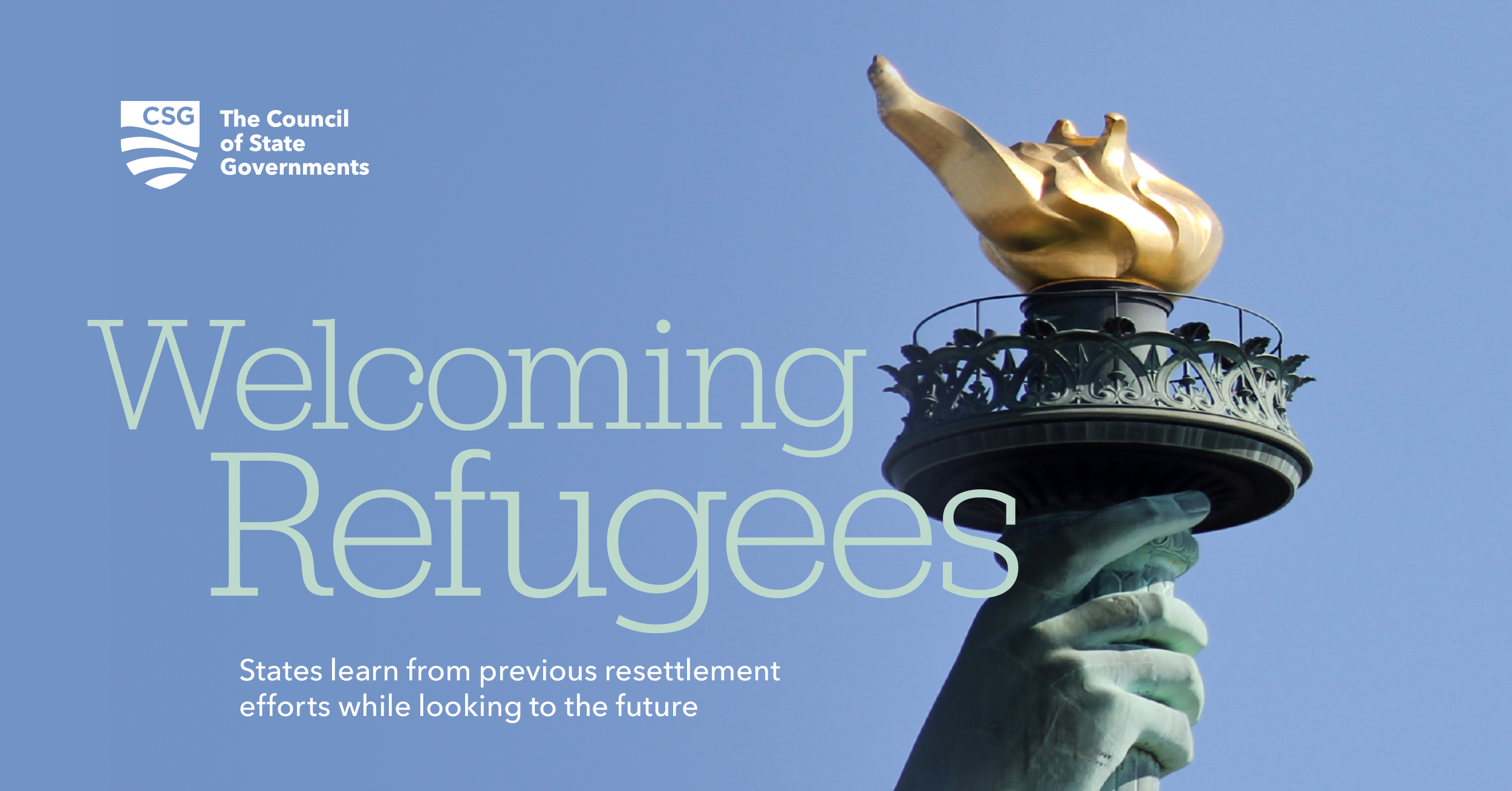 A closeup of the Statue of Liberty with text that reads "Welcoming Refugees"